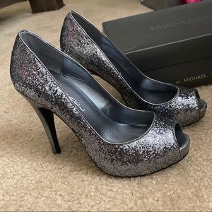 Michael by Michael Shannon platinum glitter heels